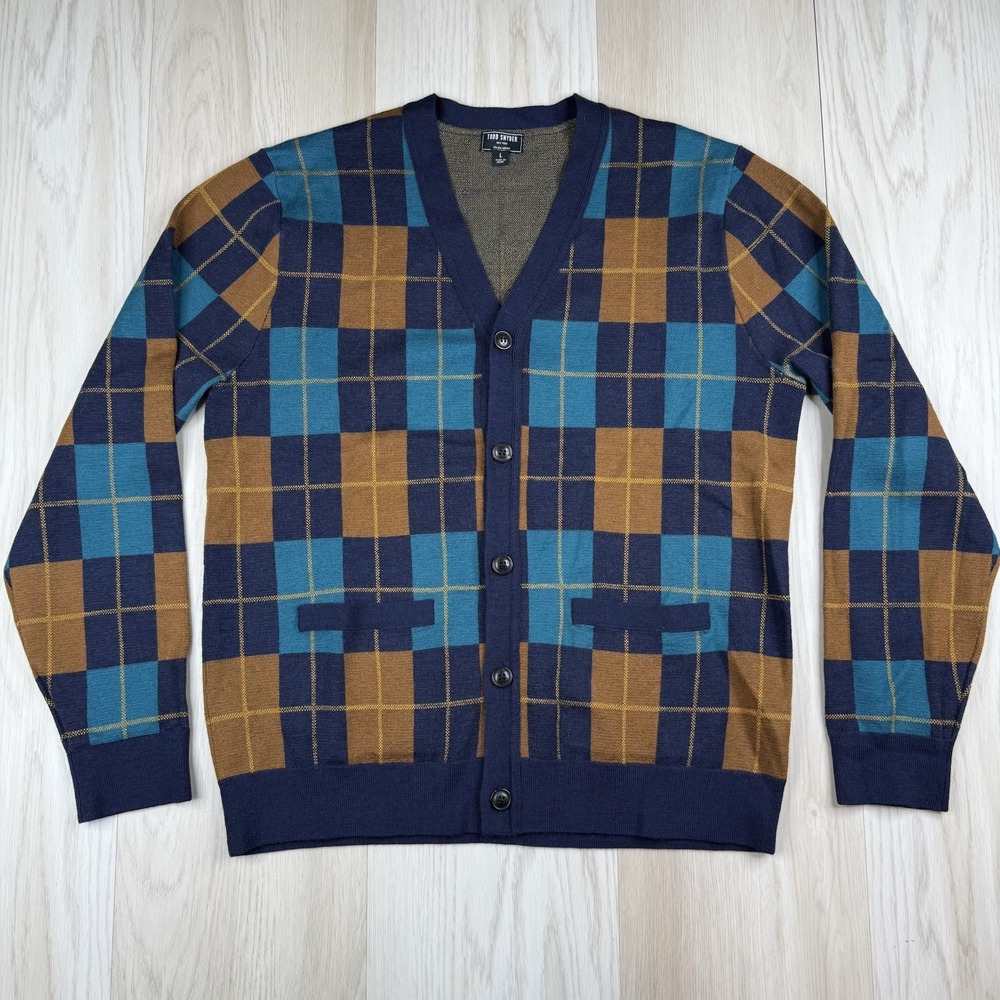 Todd Snyder Italian Merino Wool Cardigan Sweater Geometric Squares Men's Large